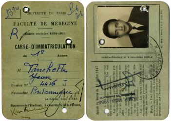 1954 : sa carte d'étudiant en première année de médecine à Paris.